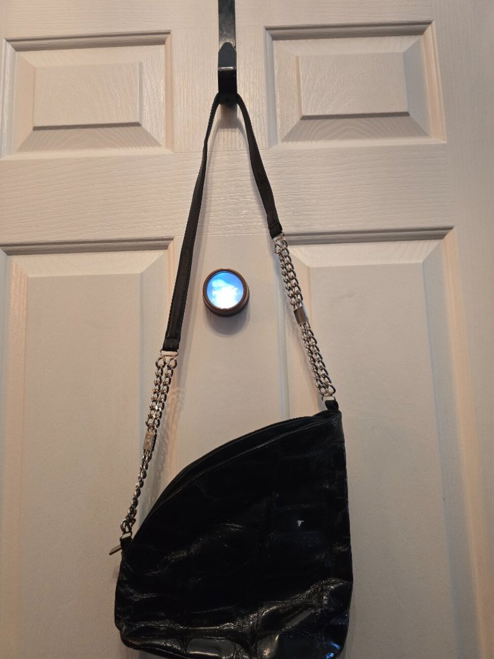 Fetish black leather shoulder bag